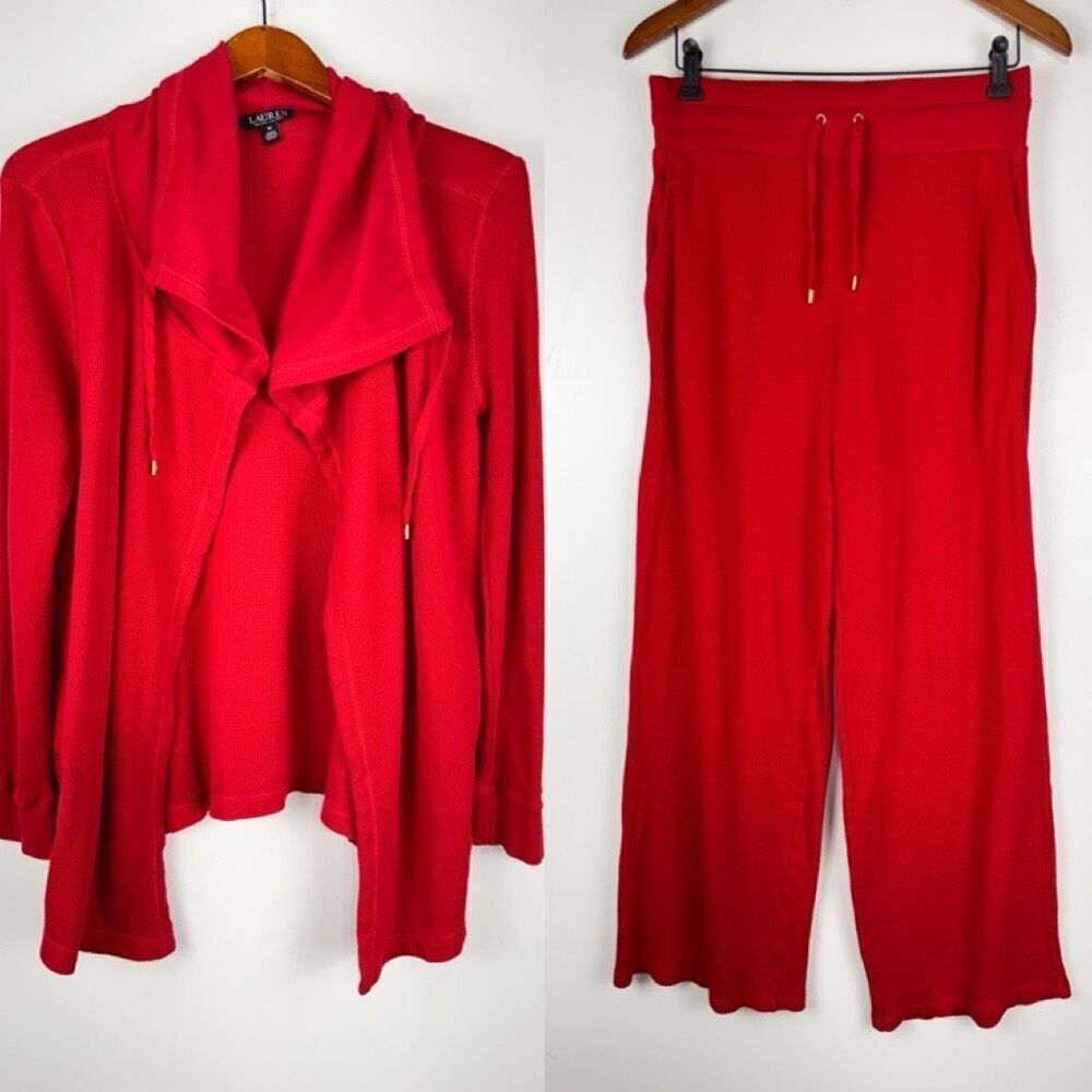 Lauren Ralph Lauren Travel Waffle Knit Cardigan and Pants Set Comfort Loungewear